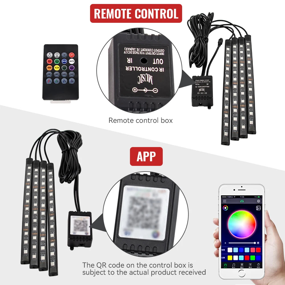 Lumină ambientală auto LED RGB — Control muzică și telecomandă 36/48/72 LED