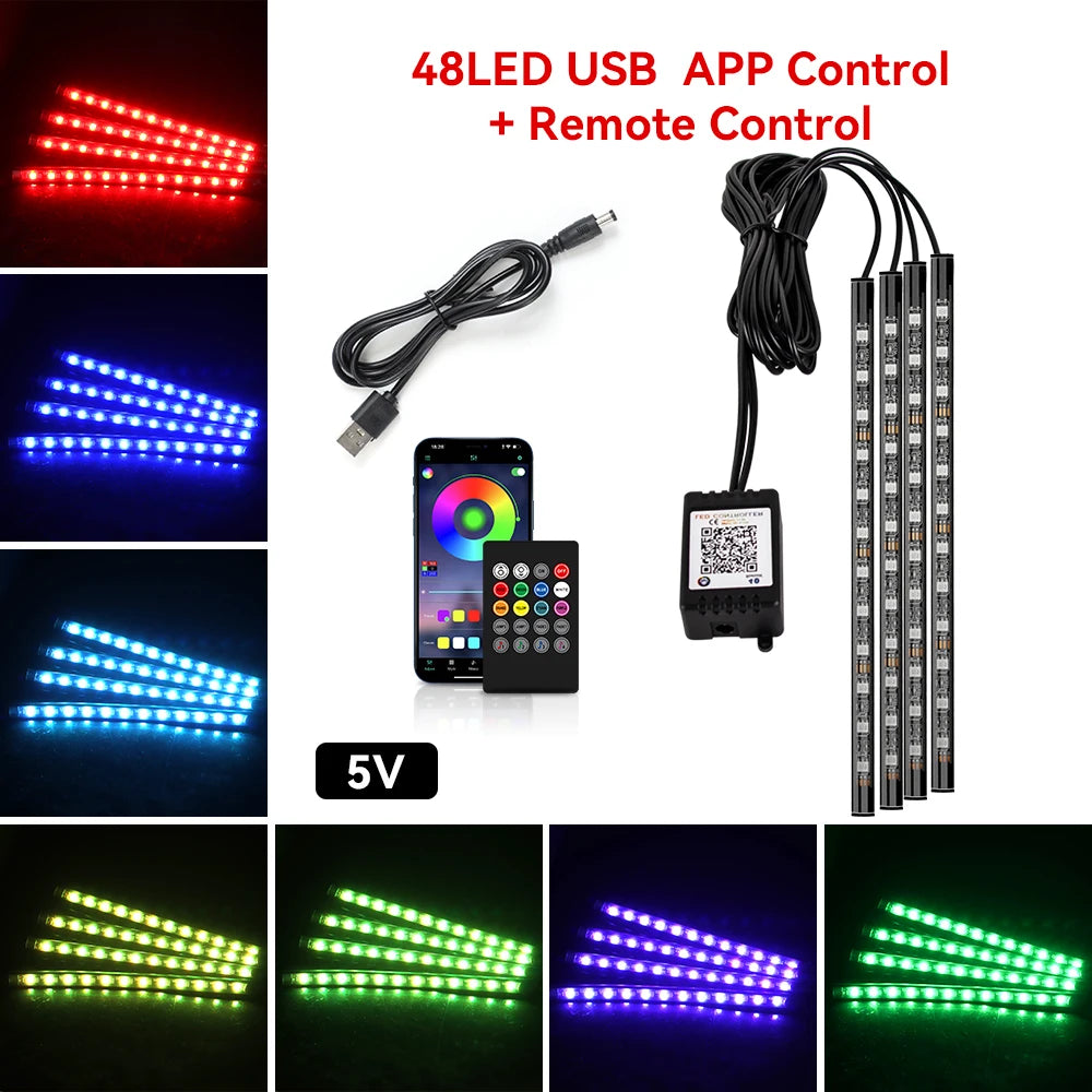 Lumină ambientală auto LED RGB — Control muzică și telecomandă 36/48/72 LED