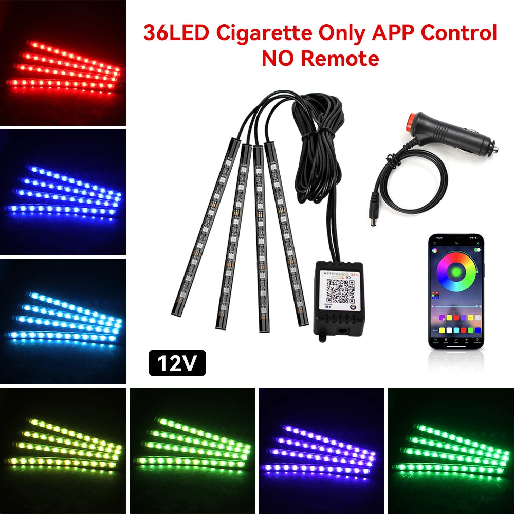 Lumină ambientală auto LED RGB — Control muzică și telecomandă 36/48/72 LED