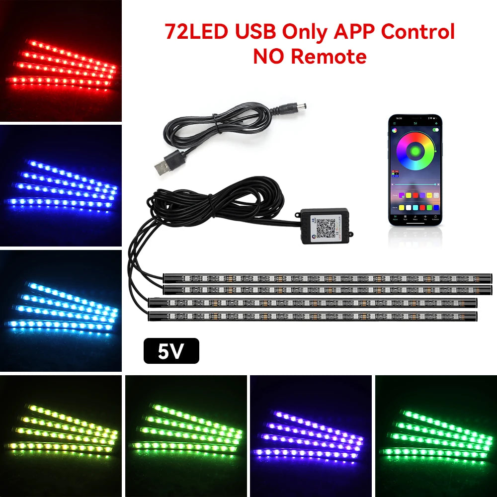 Lumină ambientală auto LED RGB — Control muzică și telecomandă 36/48/72 LED