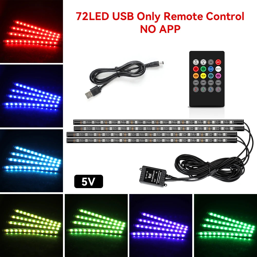 Lumină ambientală auto LED RGB — Control muzică și telecomandă 36/48/72 LED