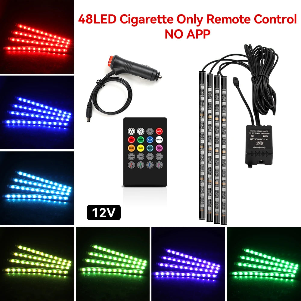 Lumină ambientală auto LED RGB — Control muzică și telecomandă 36/48/72 LED