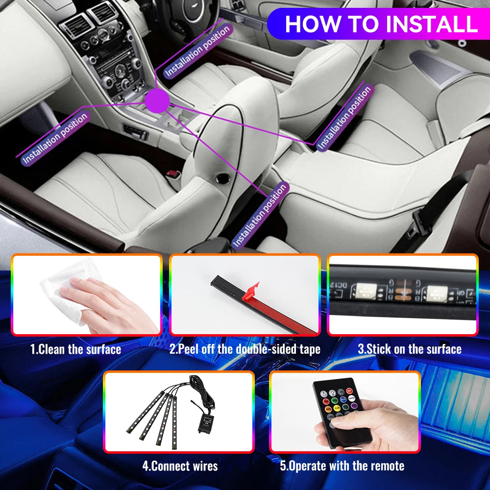 Lumină ambientală auto LED RGB — Control muzică și telecomandă 36/48/72 LED
