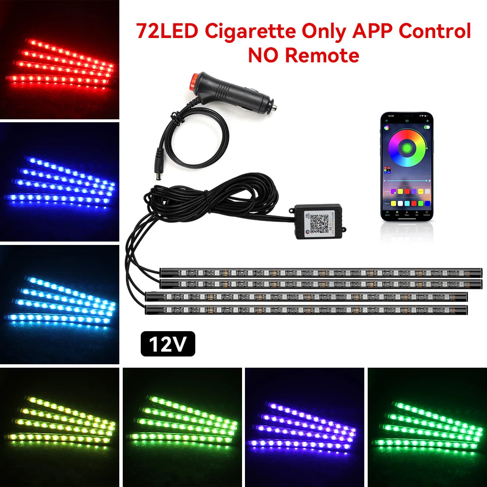 Lumină ambientală auto LED RGB — Control muzică și telecomandă 36/48/72 LED