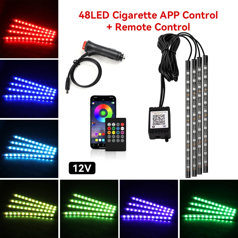 Lumină ambientală auto LED RGB — Control muzică și telecomandă 36/48/72 LED