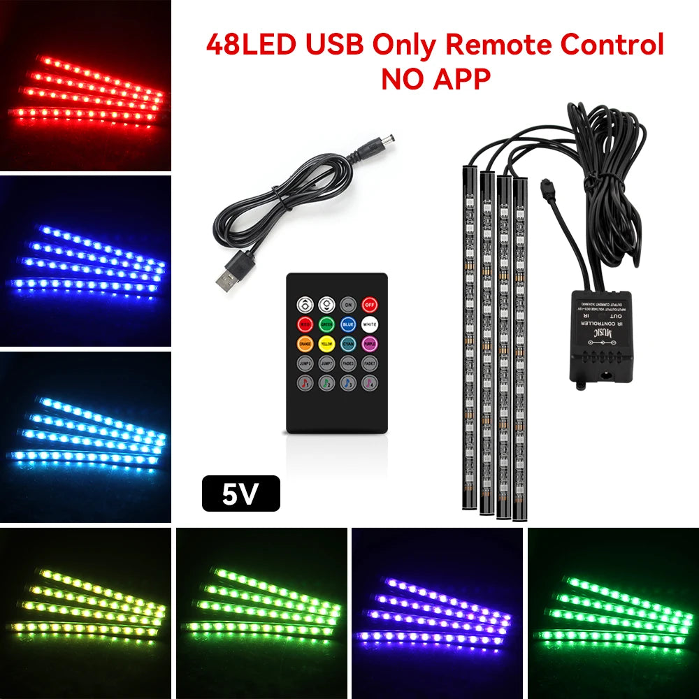Lumină ambientală auto LED RGB — Control muzică și telecomandă 36/48/72 LED