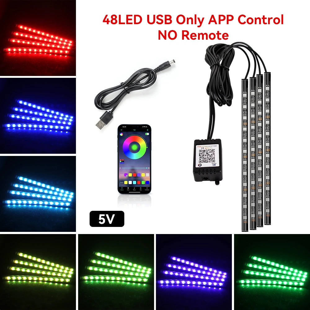 Lumină ambientală auto LED RGB — Control muzică și telecomandă 36/48/72 LED