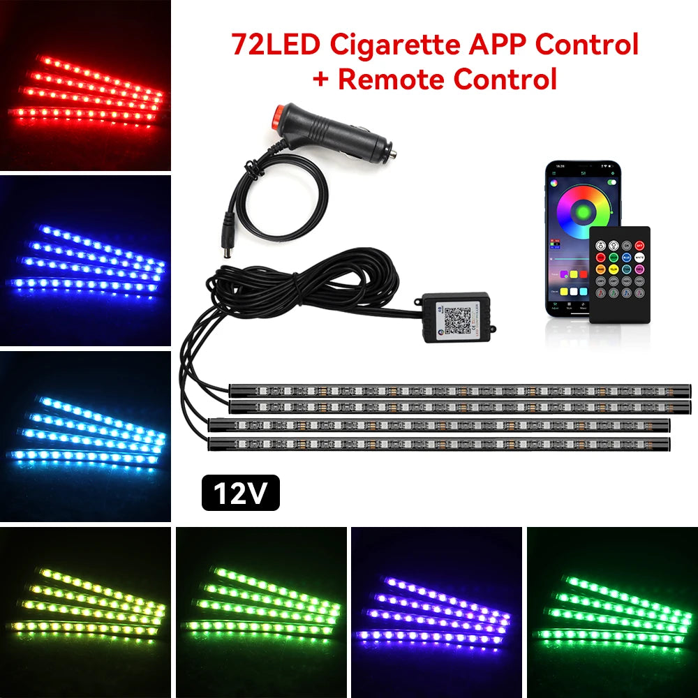 Lumină ambientală auto LED RGB — Control muzică și telecomandă 36/48/72 LED