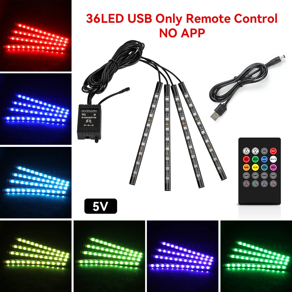 Lumină ambientală auto LED RGB — Control muzică și telecomandă 36/48/72 LED
