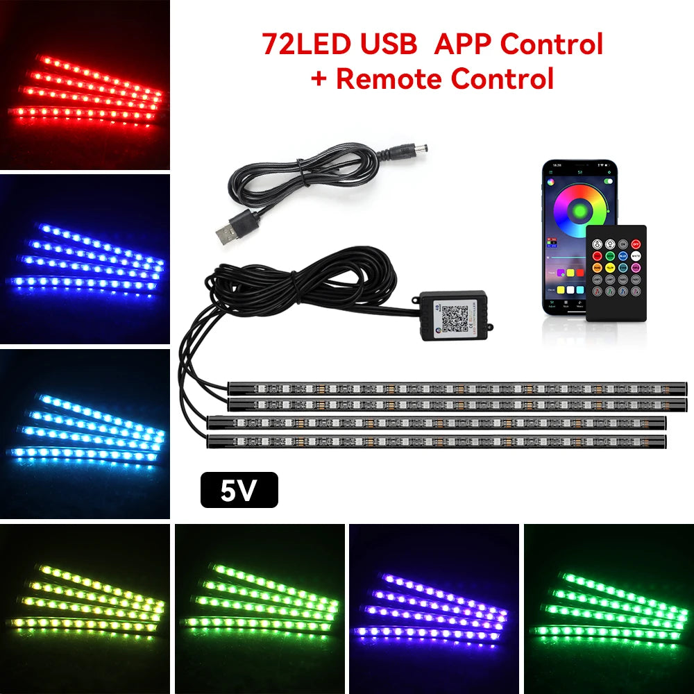 Lumină ambientală auto LED RGB — Control muzică și telecomandă 36/48/72 LED