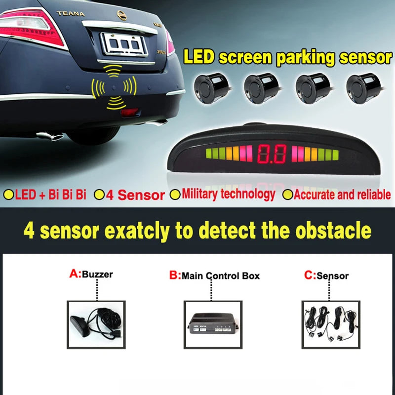 Senzori Parcare Auto cu Display LED — Kit 4 Senzori + Avertizare Sonoră