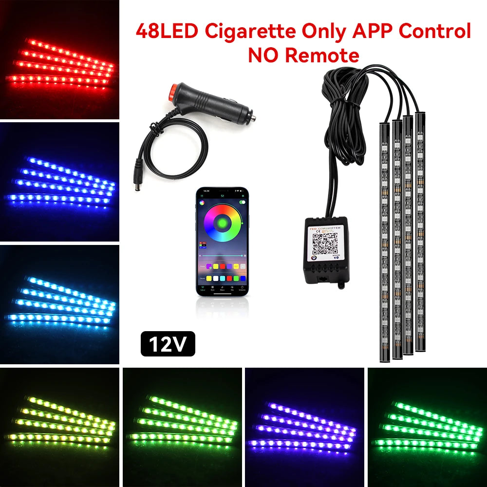 Lumină ambientală auto LED RGB — Control muzică și telecomandă 36/48/72 LED