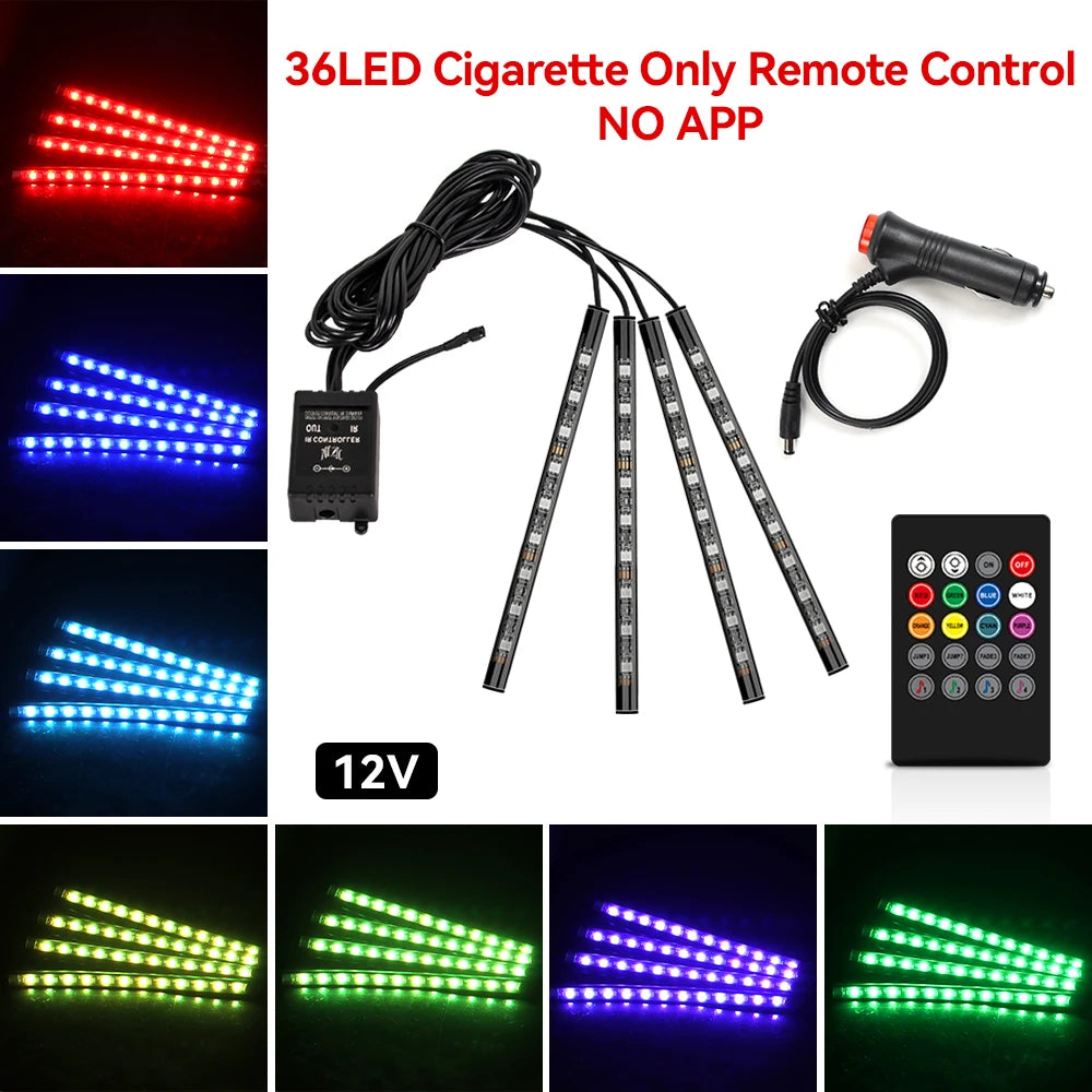 Lumină ambientală auto LED RGB — Control muzică și telecomandă 36/48/72 LED