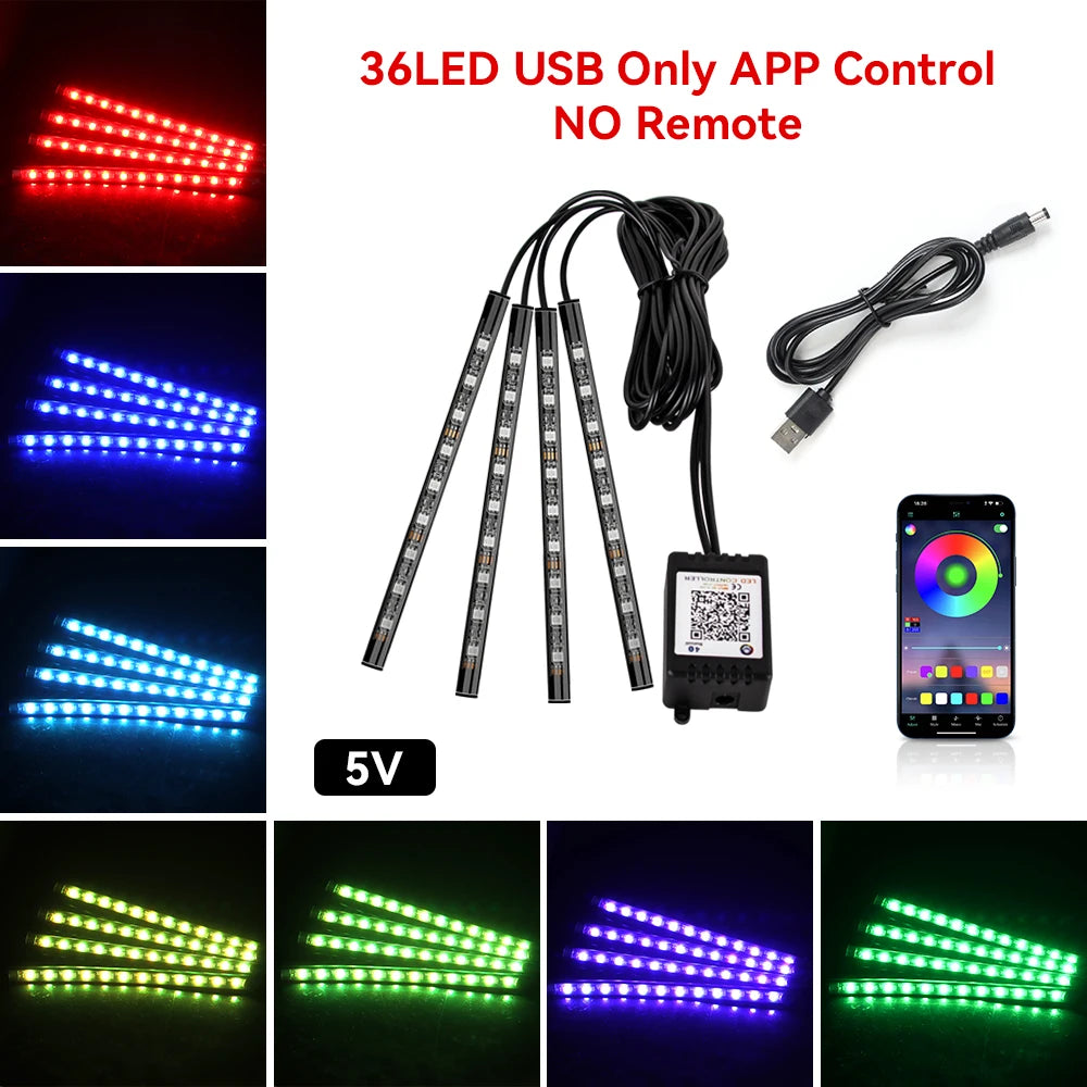 Lumină ambientală auto LED RGB — Control muzică și telecomandă 36/48/72 LED